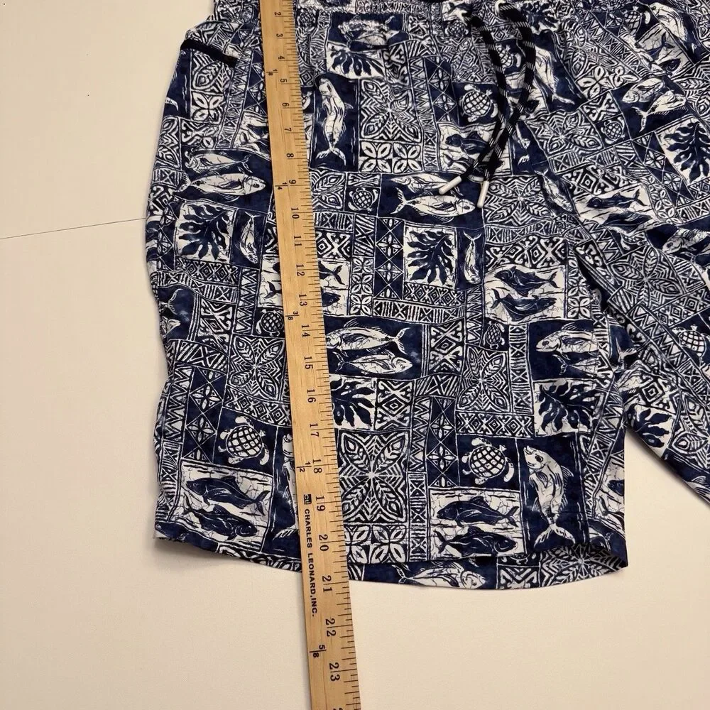 Lands’ End Mens ‎ 9” Volley Swim Trunks Shorts Navy Fish Block Print Sz XL
